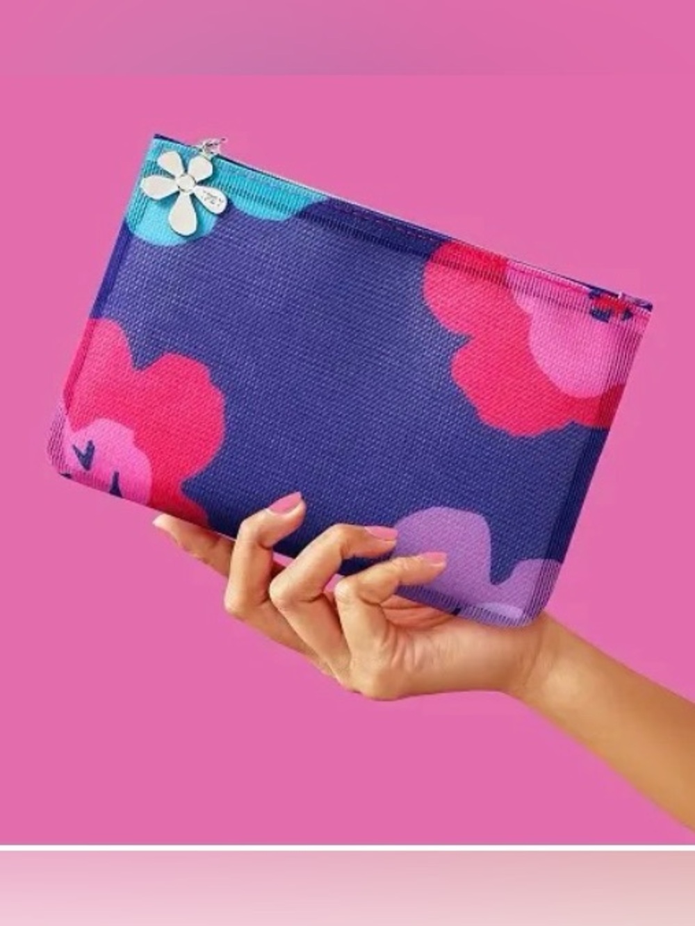 Ipsy makeup bag vibrant blue and pink floral pattern w/ flower zipper pull NWOT